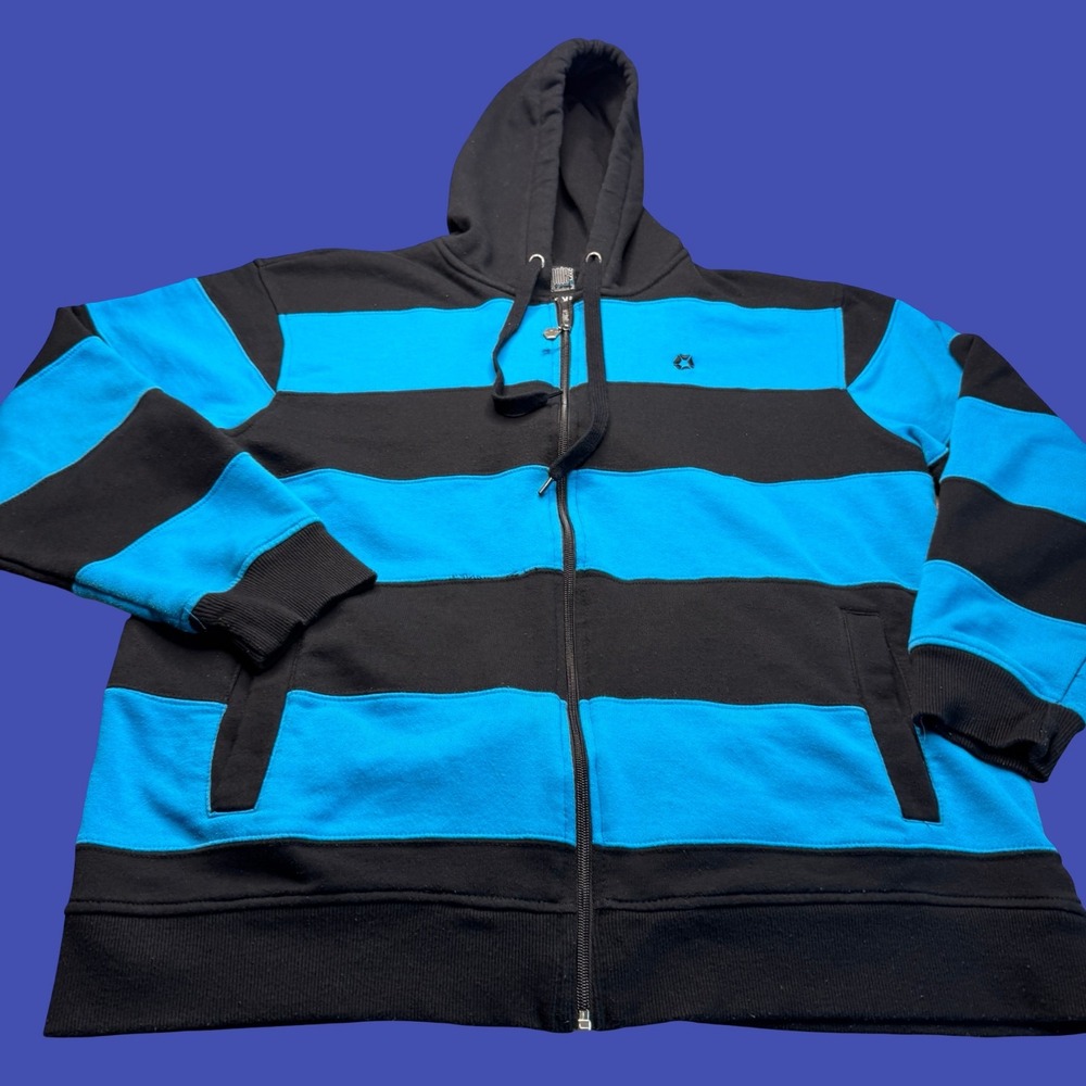 Southpole Full Zip Hoodie XL Black Blue Striped Colorblock Embroidered Logo Y2K